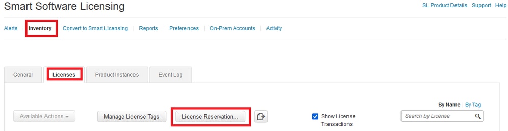 CSSMアカウントにログインし、Smart Software Licensing、Inventory、Licensesに移動して、License Reservationをクリックします