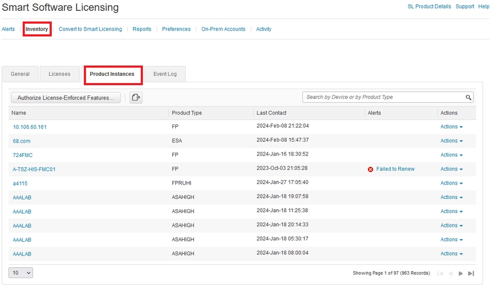 Smart Software Licensing、Inventory、およびProduct Instancesに移動します。