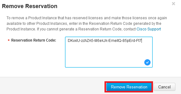 リリースライセンスコードを貼り付け、[予約の削除]をクリックします