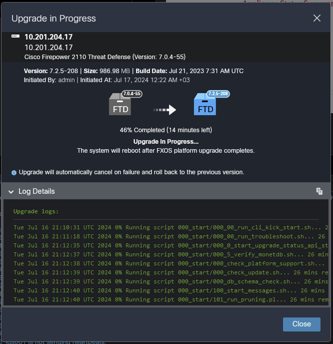 FMC GUI Upgrade Monitoring Window