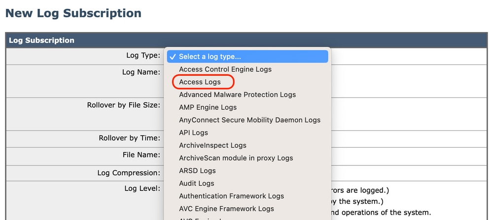 Choose Access logs from log type