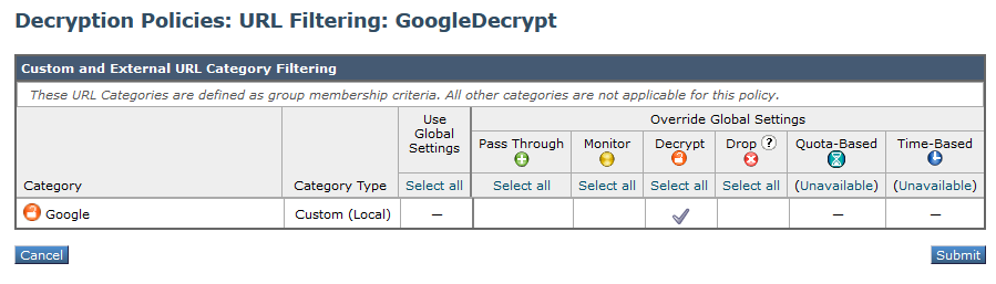 Selecteer Aangepaste URL-categorie voor Google om deze te decrypteren in het decryptie beleid