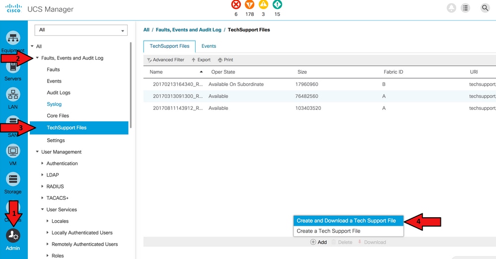 TechSupport Files(TechSupport 파일)로 이동하고 Create and Download a Tech Support File(Tech 지원 파일 생성 및 다운로드)을 클릭합니다