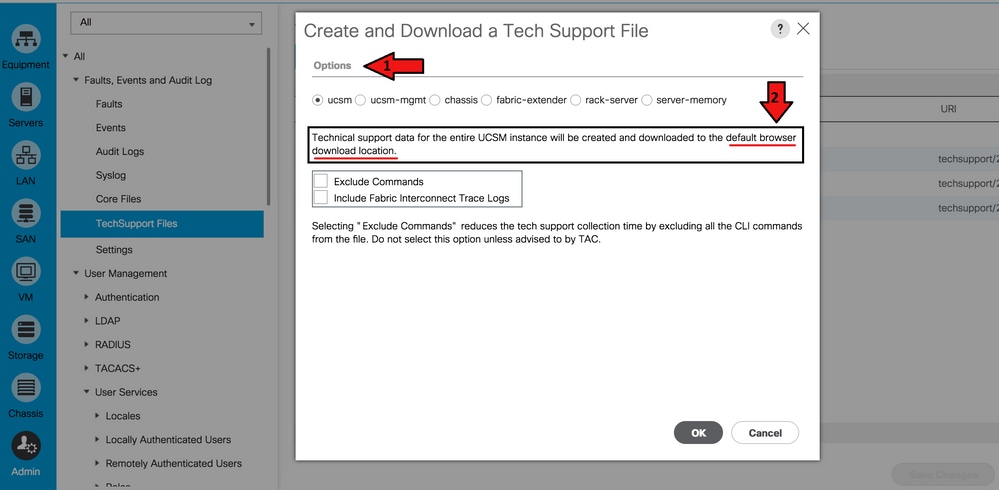 Wählen Sie die Art der Daten für den technischen Support aus, die Sie herunterladen möchten