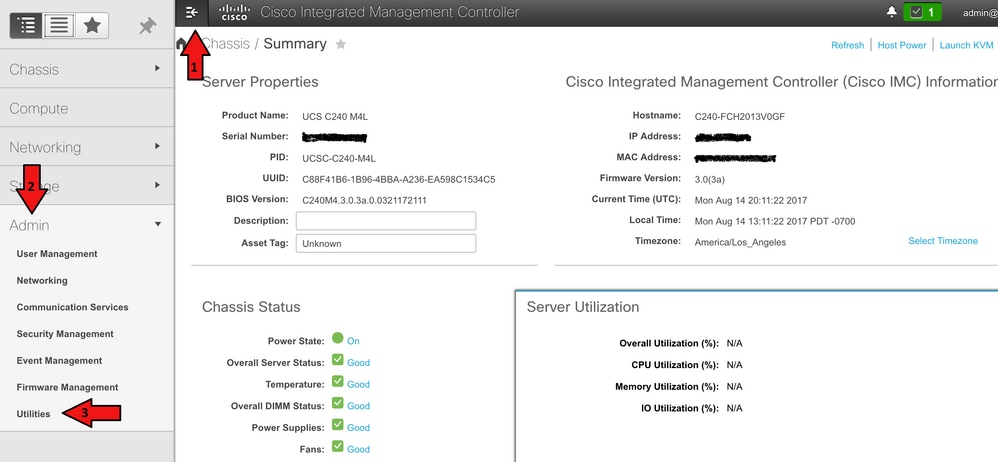 Inicie sesión en CIMC y busque Utilidades en Admin