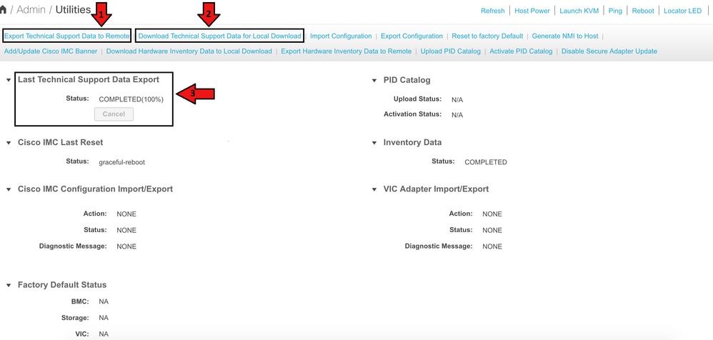 Opciones de exportación y estado de la última exportación de datos de asistencia técnica