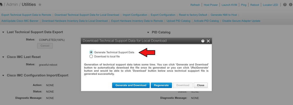 Seleccione Generar datos de asistencia técnica y, a continuación, haga clic en Generar y descargar