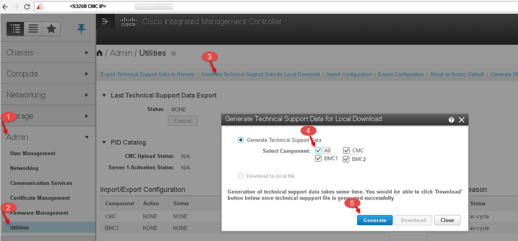 Dialoogvenster Technische ondersteuning genereren voor lokale download voor UCS S Series