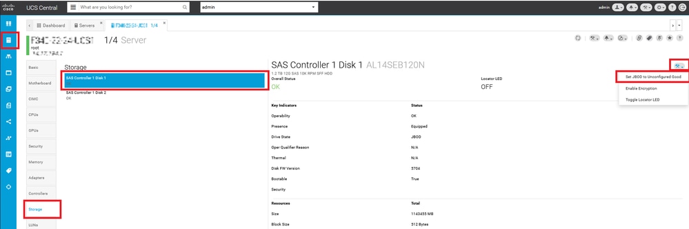 UCSC GUI configuring drive to Unconfigured Good