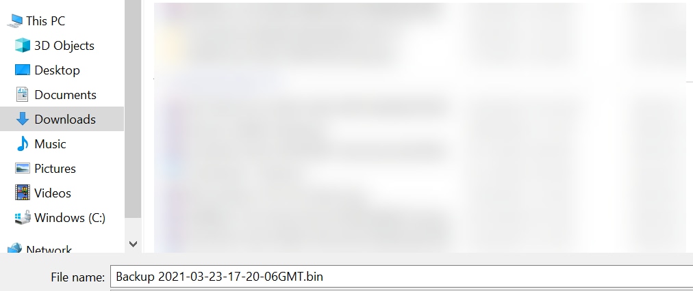 When the backup is complete, a window appears that allows you to choose where the backup file will be saved. You can change the file name if desired but be sure to save it as a .bin file. 