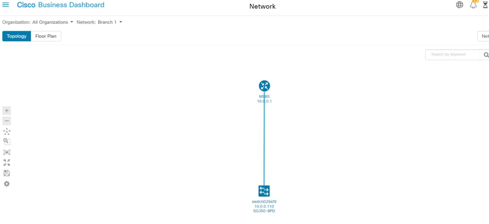 After applying the discovery filter, the resulting topology map now consists of a single router and switch. 