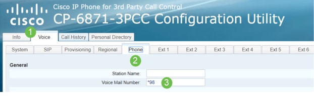 Navigate to Voice > Phone. Look under the General section. For this example, the Voice Mail Number is *98. 