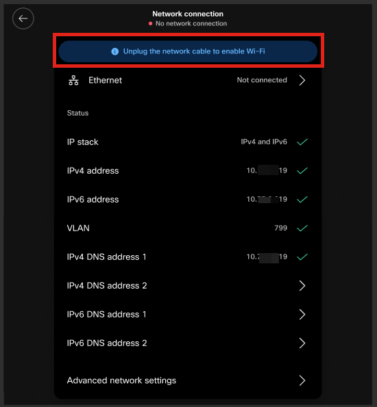 You will be prompted to unplug the network cable to enable Wi-Fi option.