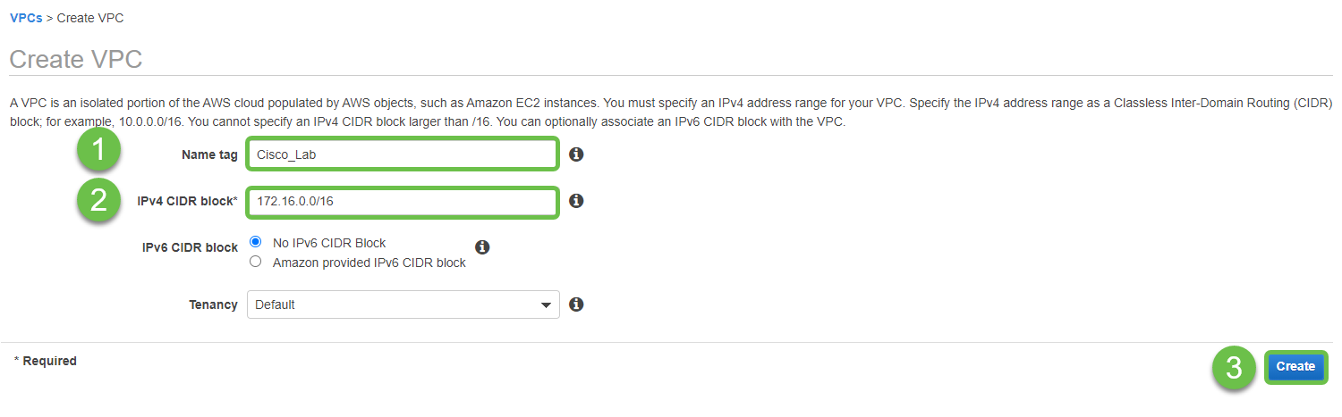 A screen shot of the Create VPC page with Name Tag as step one and IPV4 CIDR Block as step two. 