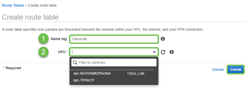 Screen Shot of Create Route Table page with Name Tag as step 1 and VPC as step 2. 