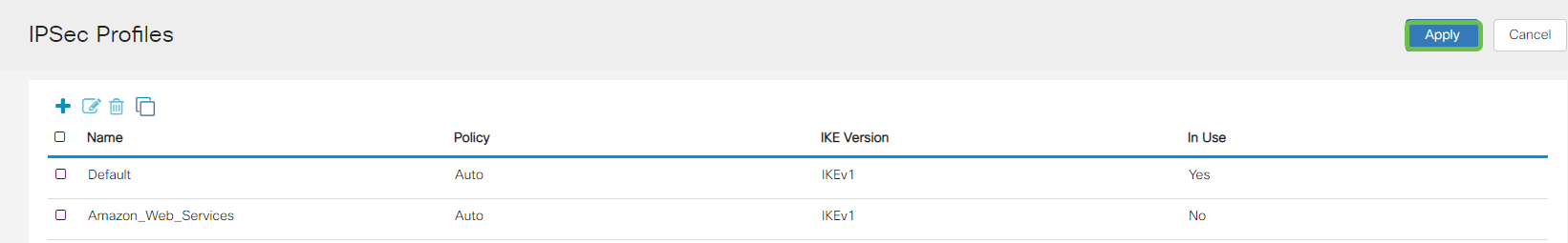 Screen shot of the IPSEC profiles page with the apply button highlighted in green 
