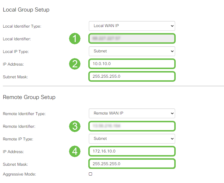 Screenshot of the Local Group Setup. Local identifier is marked as step one and the IP address is marked as step 2. 