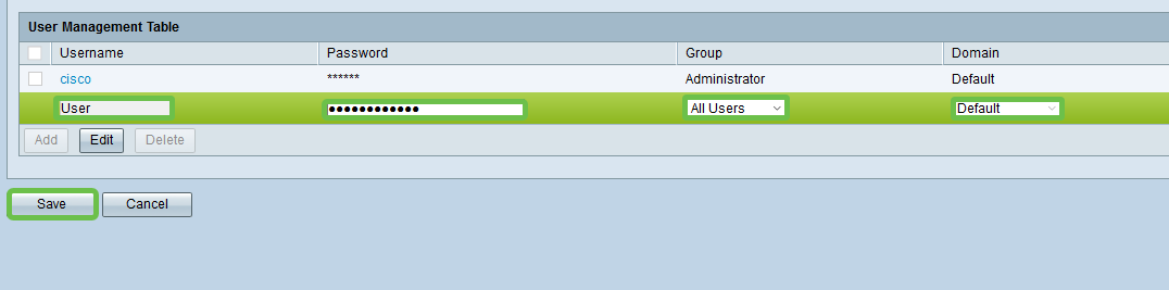 Screen shot of User Management Table with Username, Password, Group and domain highlighted. Save once all entries have been configured. 