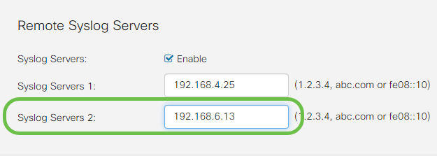 A screenshot snippet of the Remote Syslog section, a highlight indicates input of a second IP address to a Syslog server.