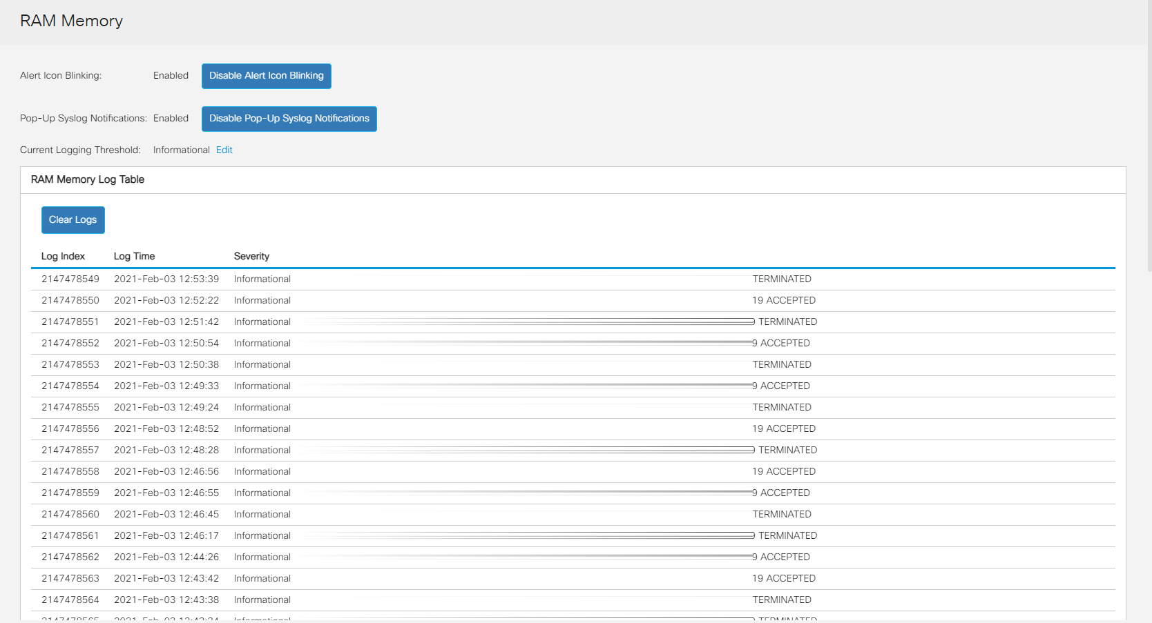 Go to Administration > Logs > RAM Memory. Check the device logs. Look for port locking placed to classic lock or any entries that did not result from a configuration that you set. Also, look for any entries that may place ports as Disabled or Down.