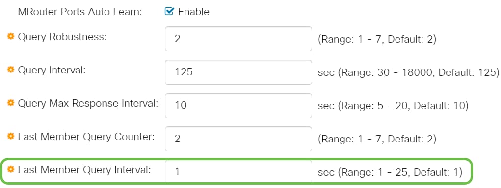 Last Member Query Interval - Enter the maximum response delay to be used if the switch cannot read the maximum response time value from group-specific queries sent by the elected querier.