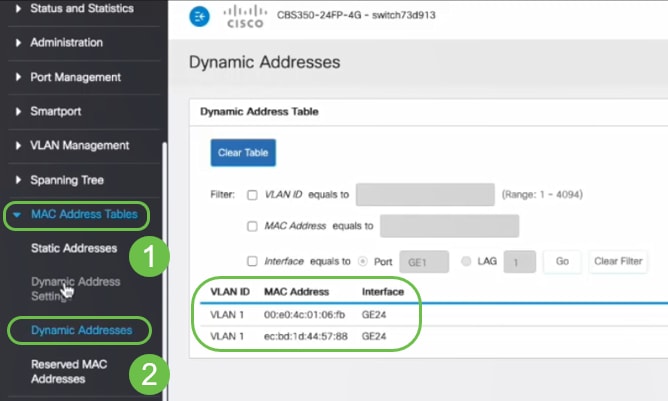 We navigate to MAC Address Tables > Dynamic Addresses. The PC (MAC address 3c:07:54:75:b2:1d) is connected to the GE4 interface. Even though the GE4 interface Operational Status is Up, the PC will be not able to get a Dynamic Host Configuration Protocol (DHCP) IP address. 