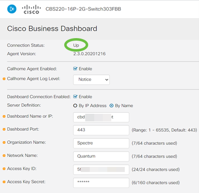 Connection Status under CBD Settings in the switch will show as Up. 