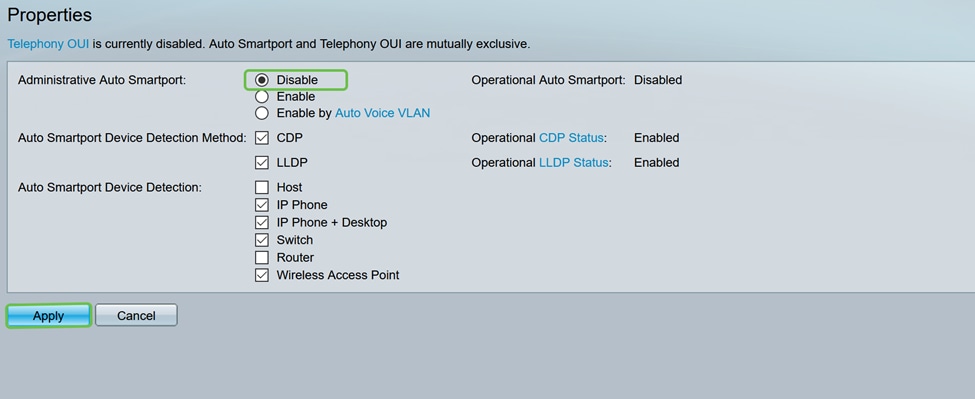 Select Disable next to Administrative Auto Smartport to disable the Smartport globally on the switch. Click Apply. 