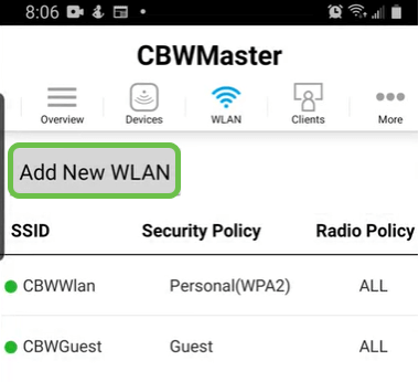 The Add New WLAN screen opens. You will see the existing WLANs. Select Add New WLAN. 