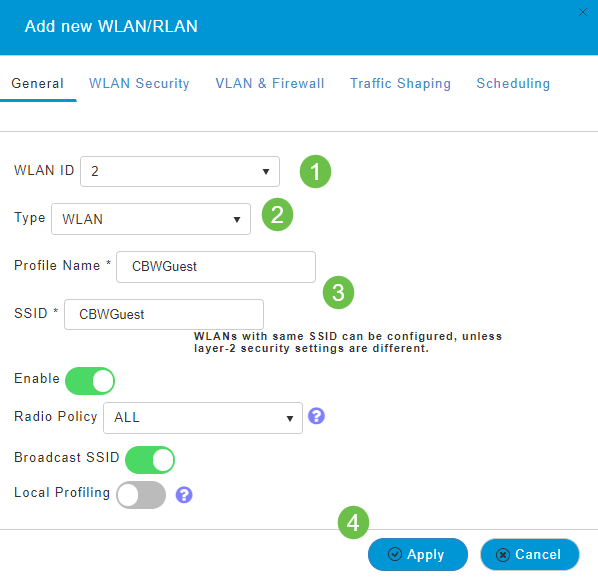 This image shows examples of the General information to enter for WLAN ID, Type, Profile Name, SSID and Apply.