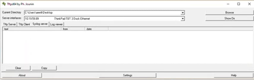 You will need to have a TFTP server open with the Syslog functionality turned on, so the logs can be sent to a file on the server. 