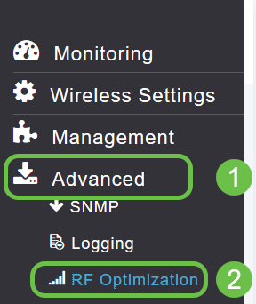 Main menu, highlighted for two clicks are the Advanced menu option and the RF Optimization sub-menu option.