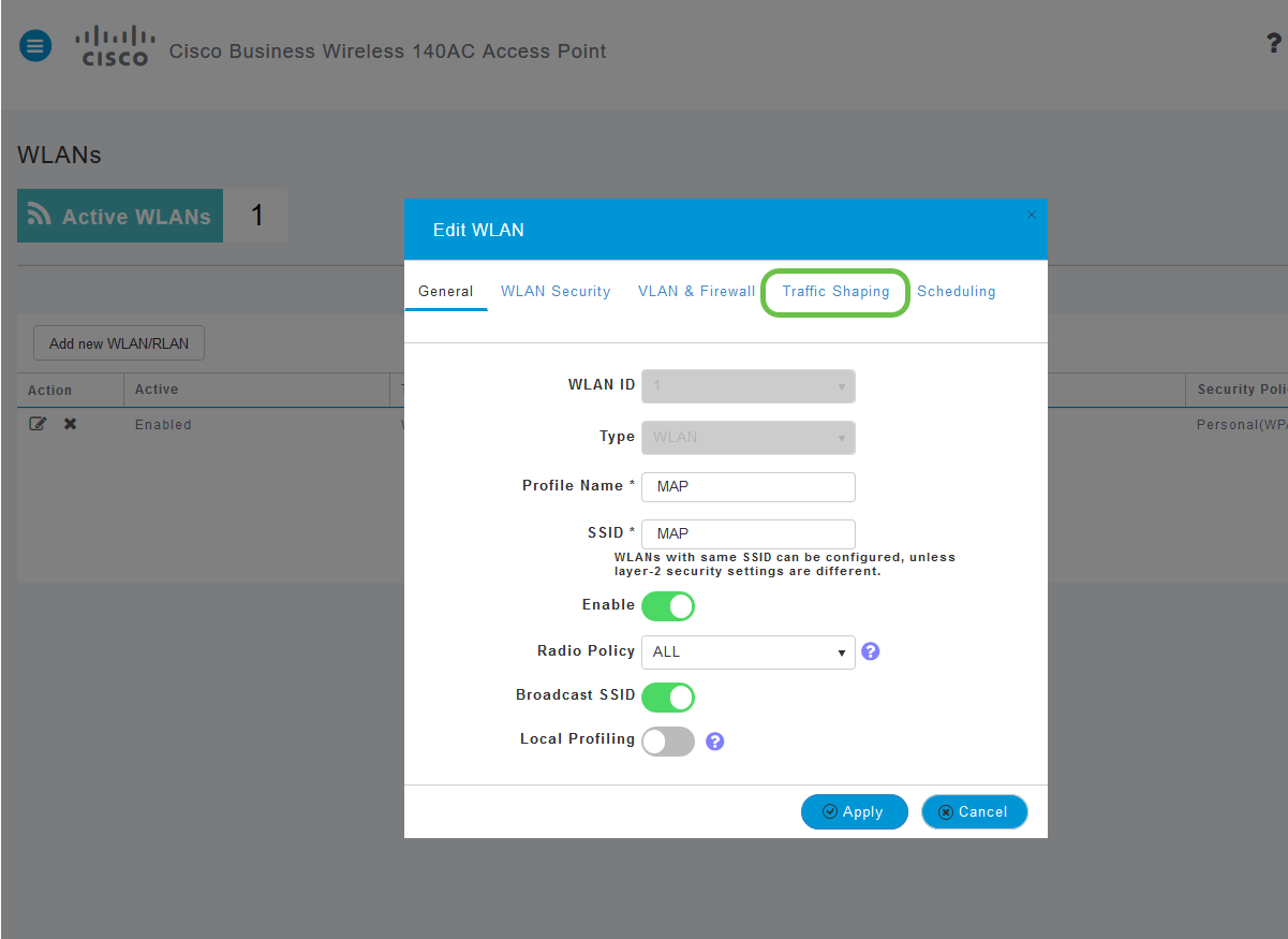 The Edit WLAN page, highlighted is traffic shaping.