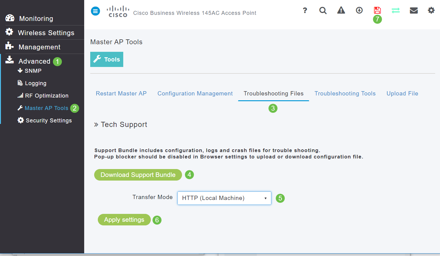 Another way to access download the support bundle on the Primary AP is to navigate to Advanced > PrimaryAP Tools. Select the Troubleshooting Files tab. Select Download Support Bundle. For Transfer Mode, select HTTP or FTP. Click Apply settings. Click on the Save icon. 