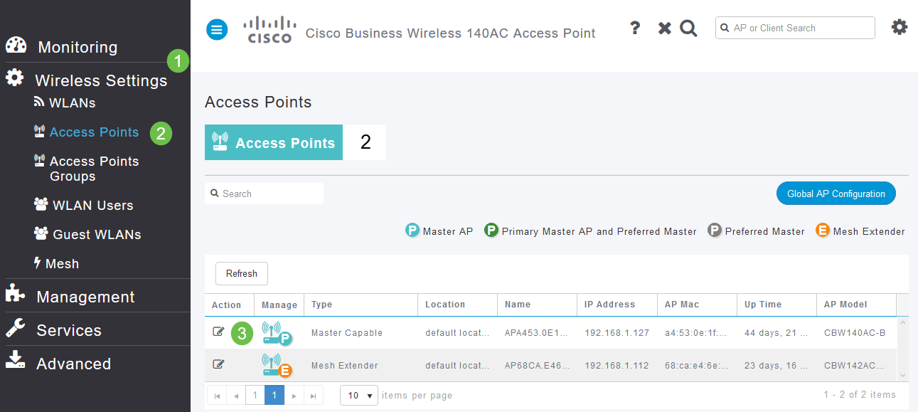 Navigate to Wireless Settings > Access Points. Click on the edit icon of the AP you want to edit or view. 