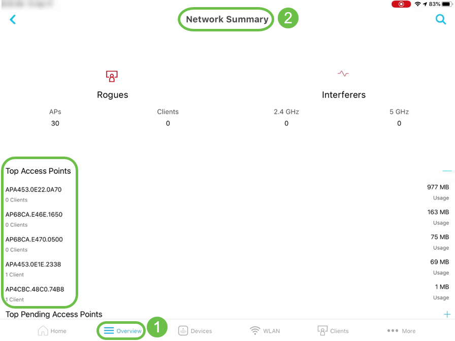 On the mobile app, select Overview and Network Summary. 