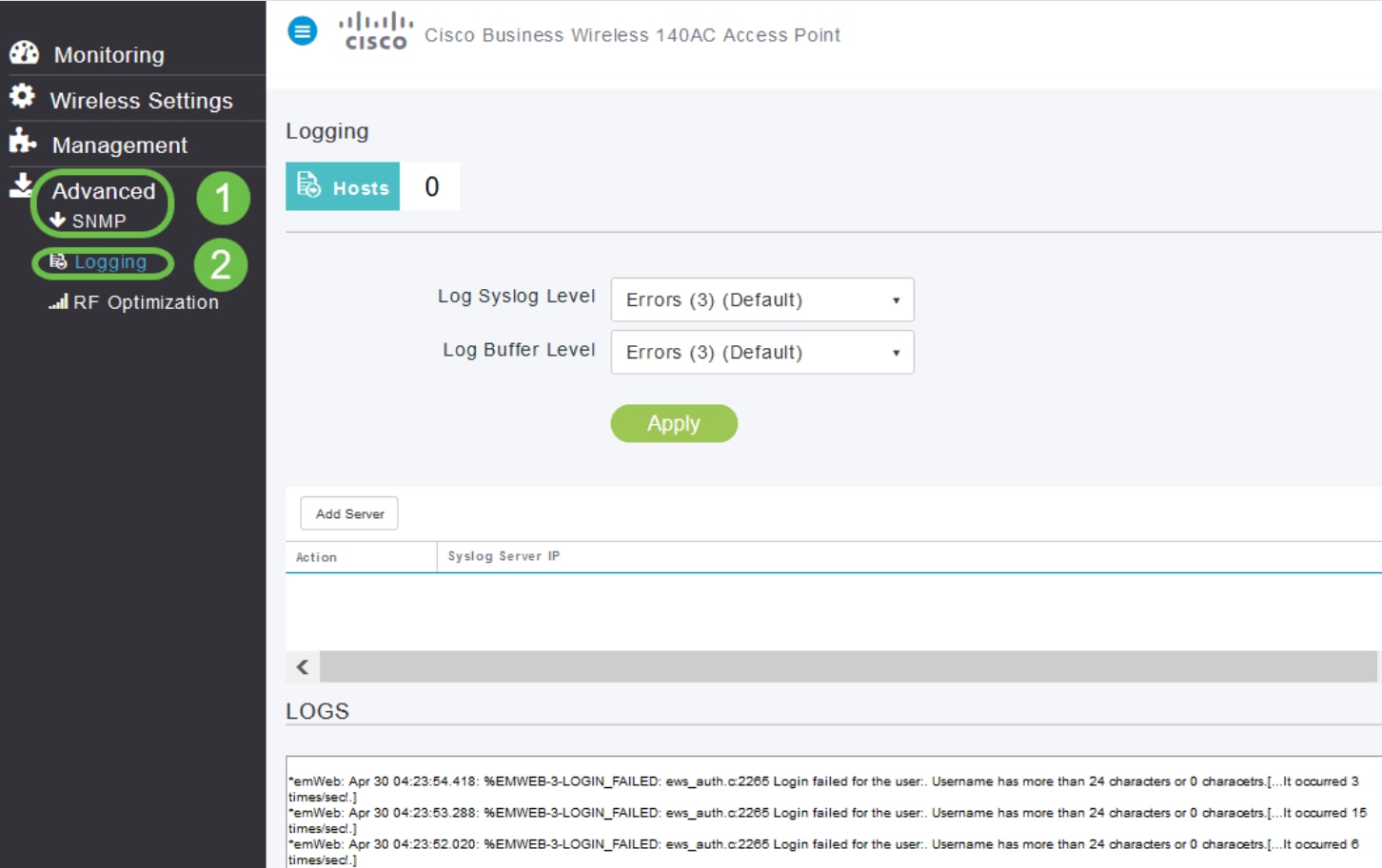 On the Web UI, navigate to On the Web UI, navigate to On the Web UI, navigate to Advanced > SNMP > Logging.