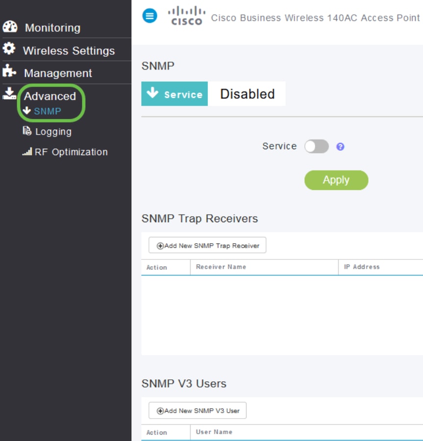 SNMP: On the Web UI, navigate to Advanced > SNMP. 