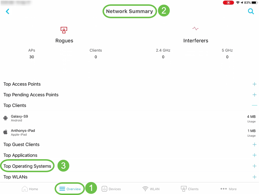 On the mobile app, navigate to Overview > Network Summary > Top Operating Systems