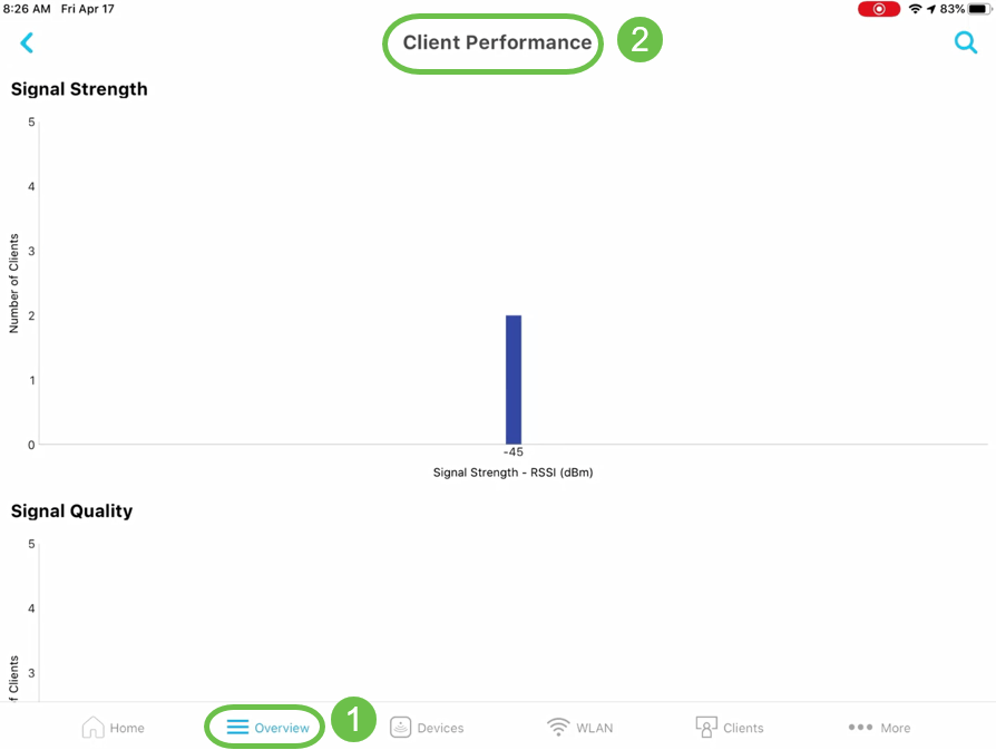 On the mobile app, navigate to Overview > Client Performance. 