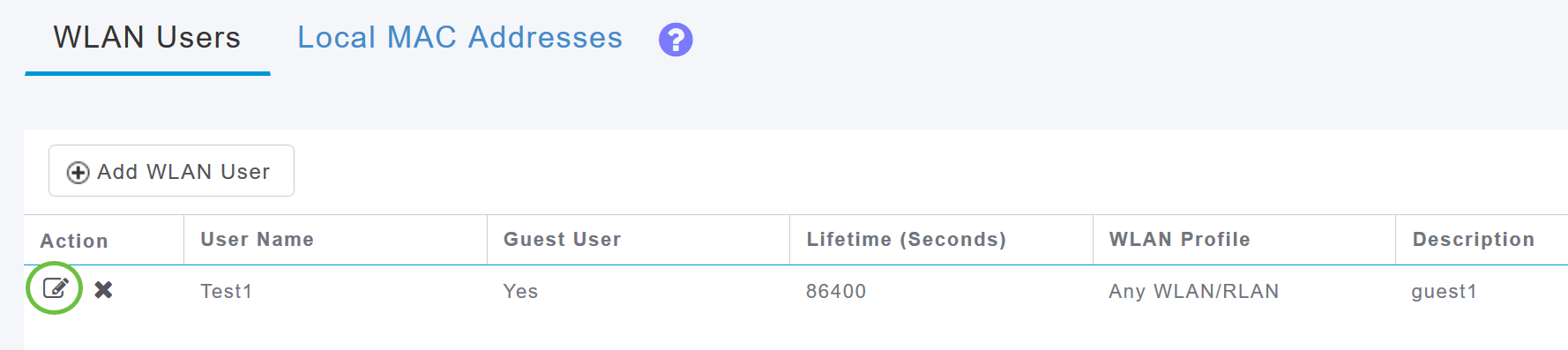 To edit a WLAN user, click the Edit icon adjacent to the WLAN user whose details you want to modify and make the necessary changes.