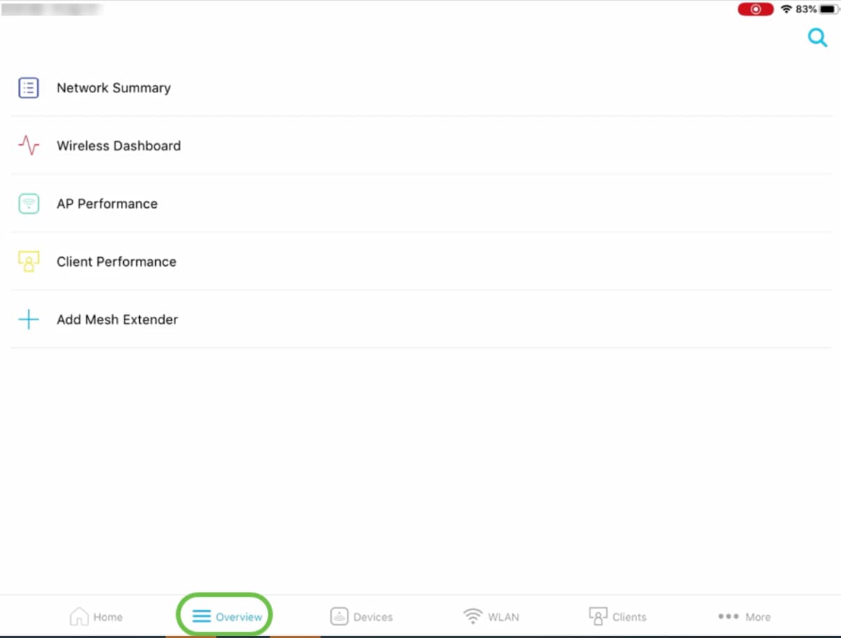 Overview tab allows you to navigate through Network Summary, Wireless Dashboard, AP Performance, Client Performance, Add Mesh Extender. 