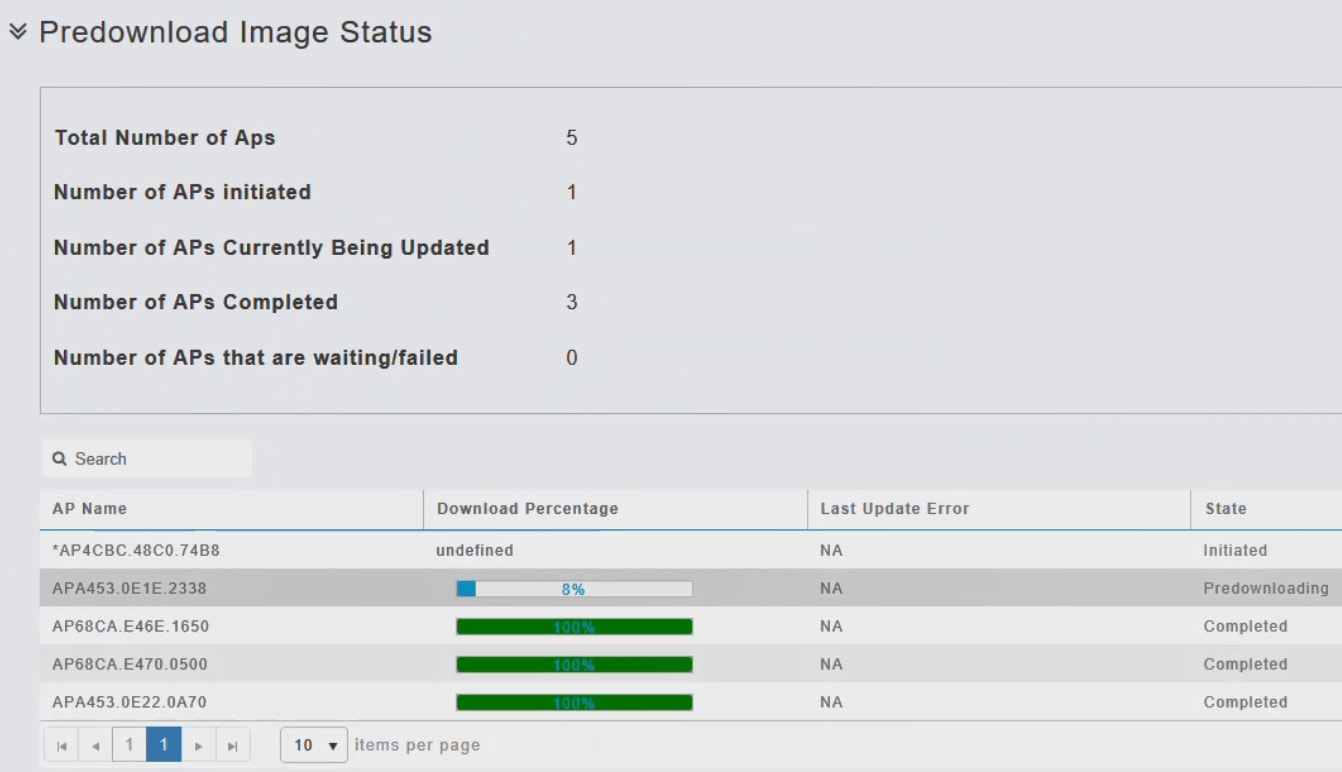 The Predownload Image Status section of the page shows the status of the pre-image download to the APs in the network. 