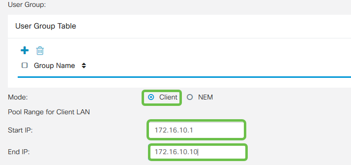 User group section, Mode: Client is highlighted. Along with Start and end Ip address.