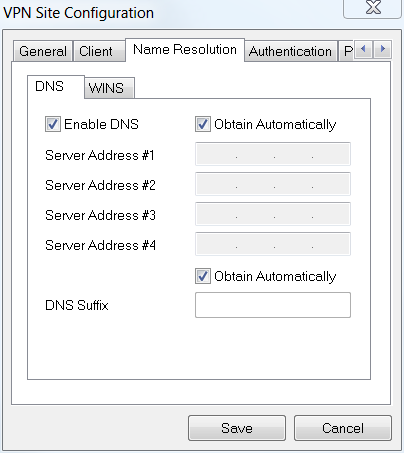 Name Resolution Tab of VPN Site Configuration.