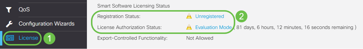 Navigate to License and verify the Registration Status is showing as Unregistered and License Authorization Status is showing as Evaluation Mode.