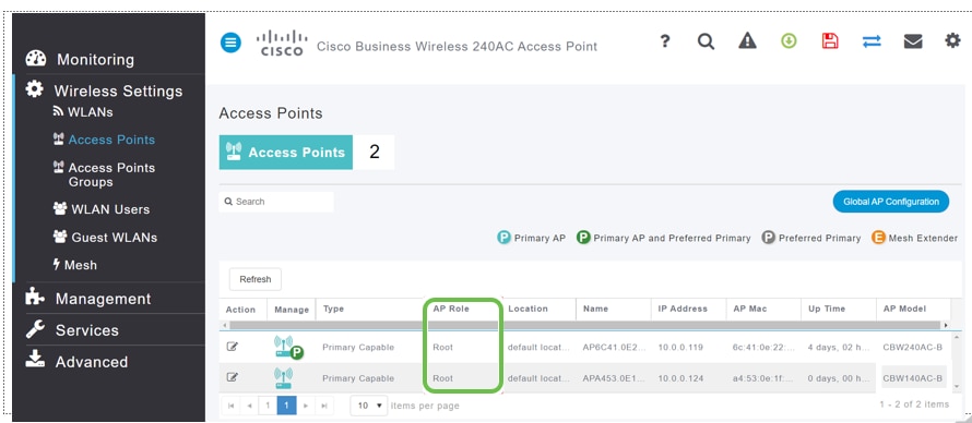 In this example, you will see the CBW240 AP and a CBW140 AP configured for mesh. Both APs have the role of Root. We will be changing the CBW140AC from Root to Mesh. 