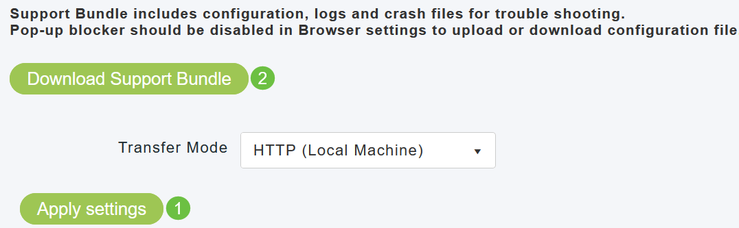 Apply settings and click Download Support Bundle. 