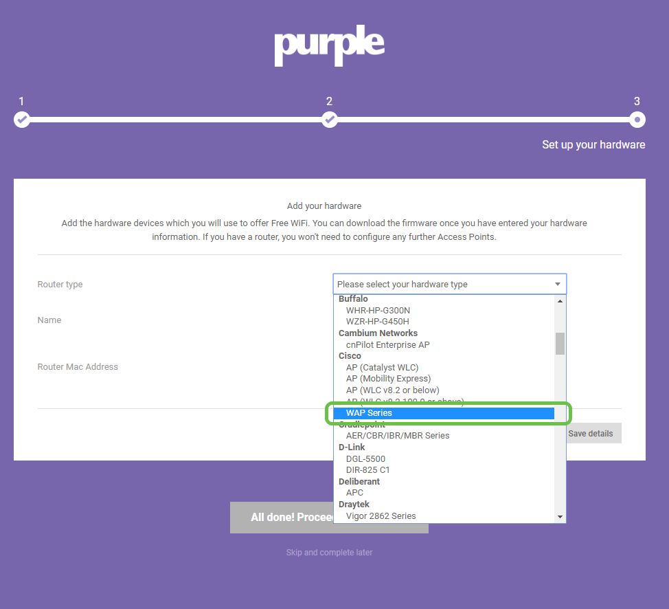 Step 3 of a 3 step wizard. Sub-step, setup your hardware by selecting router type.