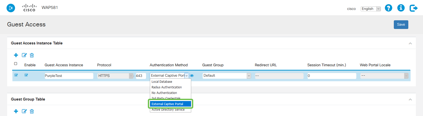 The Guest Access page, below the Guest Access Instance table, the authentication method drop-down box is active with External Captive Portal active and highlighted.